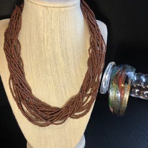 Brown bead necklace & matching art glass bracelet set business casual boho earth